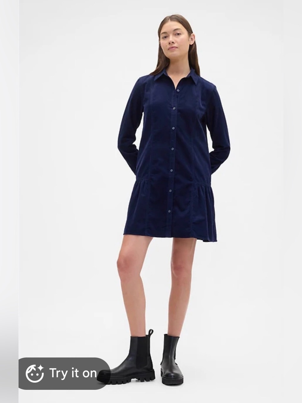Gap Corduroy Mini Dress Navy  Size XS Long Sleeve Button Front Cotton